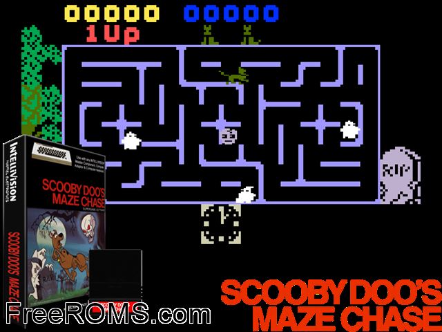 Scooby Doos Maze Chase (1983)(Mattel) Intellivision game showing 3D box cover and gameplay screenshot