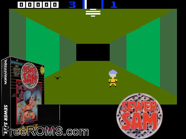 Sewer Sam (1983)(Interphase) Intellivision game showing 3D box cover and gameplay screenshot