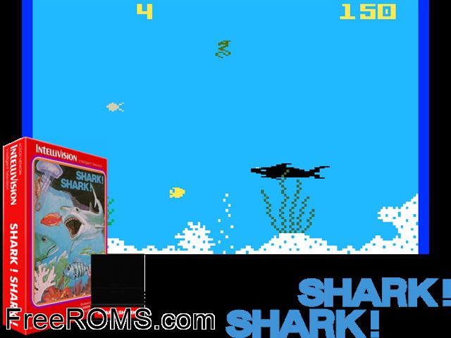 Shark! Shark! (1982)(Mattel) Intellivision game showing 3D box cover and gameplay screenshot