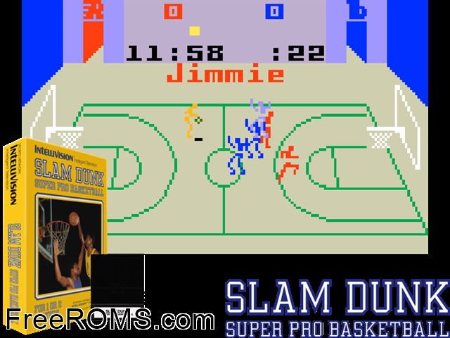 Slam Dunk - Super Pro Basketball (1987)(Intv Corp) Intellivision game showing 3D box cover and gameplay screenshot