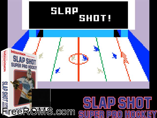 Slap Shot - Super Pro Hockey (1987)(Intv Corp) Intellivision game showing 3D box cover and gameplay screenshot