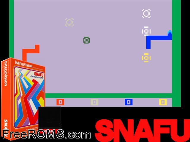Snafu (1981)(Mattel) Intellivision game showing 3D box cover and gameplay screenshot