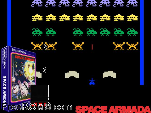Space Armada (1981)(Mattel) Intellivision game showing 3D box cover and gameplay screenshot