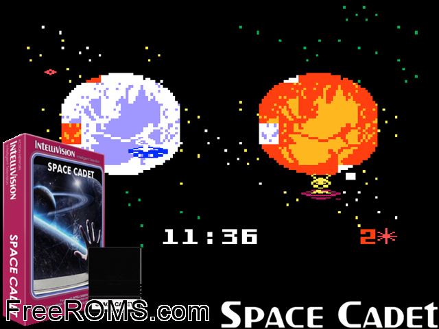 Space Cadet (1982)(Mattel) Intellivision game showing 3D box cover and gameplay screenshot