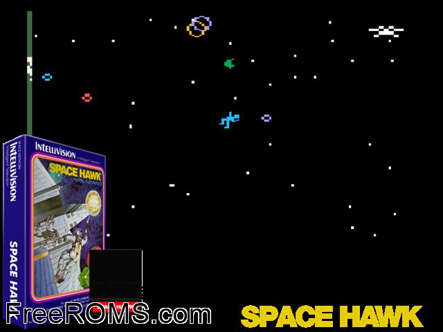 Space Hawk (1981)(Mattel) Intellivision game showing 3D box cover and gameplay screenshot