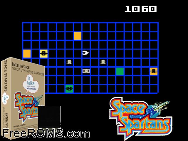 Space Spartans (1981)(Mattel) Intellivision game showing 3D box cover and gameplay screenshot