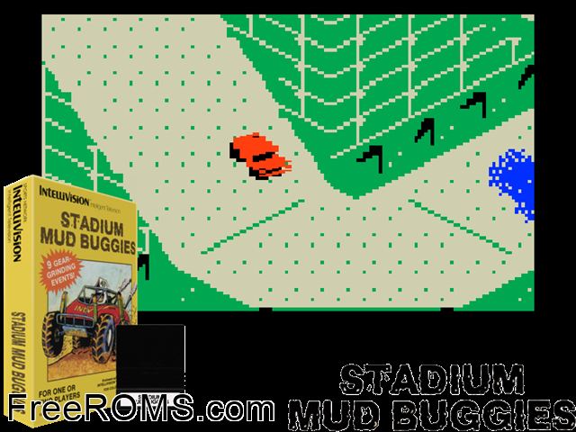 Stadium Mud Buggies (1988)(Intv Corp) Intellivision game showing 3D box cover and gameplay screenshot