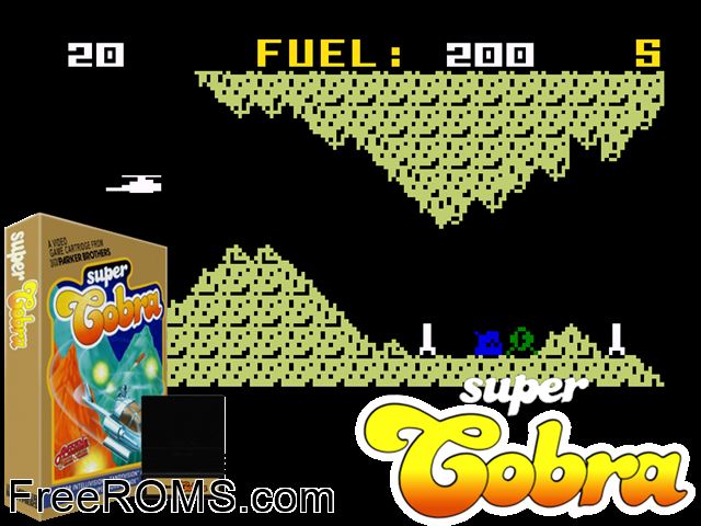 Super Cobra (1983)(Konami) Intellivision game showing 3D box cover and gameplay screenshot