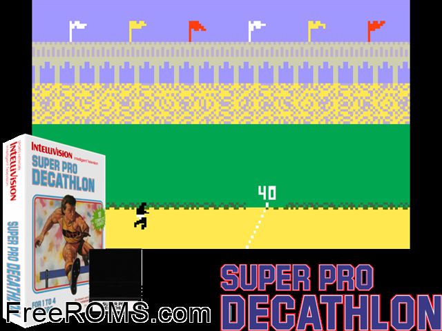 Super Pro Decathlon (1988)(Intv Corp) Intellivision game showing 3D box cover and gameplay screenshot