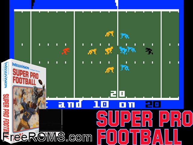 Super Pro Football (1986)(Intv Corp) Intellivision game showing 3D box cover and gameplay screenshot