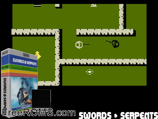 Swords and Serpents (1982)(Imagic) Intellivision game showing 3D box cover and gameplay screenshot