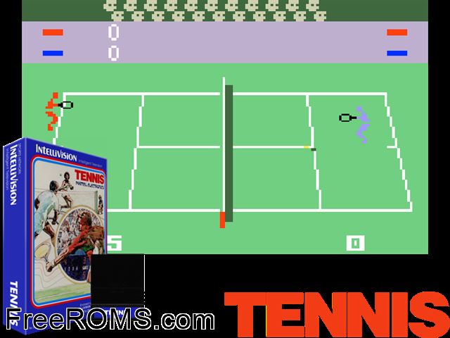 Tennis (1980)(Mattel) Intellivision game showing 3D box cover and gameplay screenshot