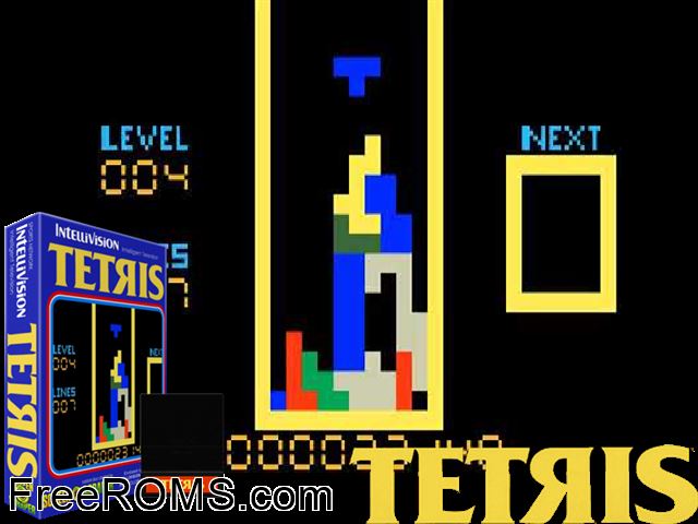 Tetris (2000)(PD) Intellivision game showing 3D box cover and gameplay screenshot