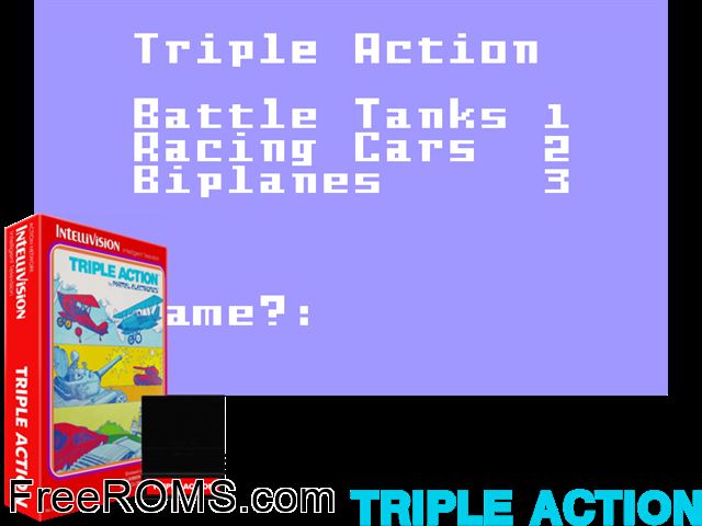 Triple Action (1981)(Mattel) Intellivision game showing 3D box cover and gameplay screenshot
