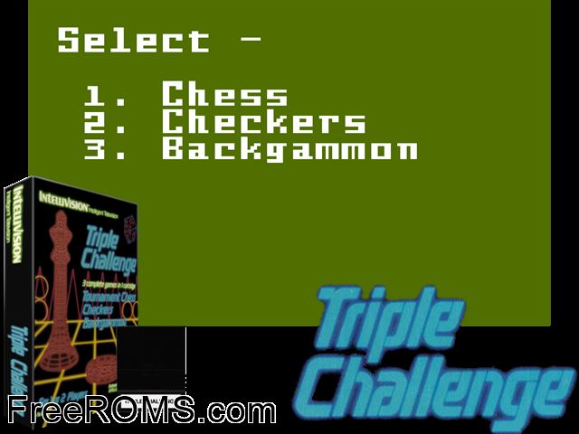 Triple Challenge (1986)(Intv Corp) Intellivision game showing 3D box cover and gameplay screenshot