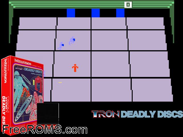 TRON - Deadly Discs (1981)(Mattel) Intellivision game showing 3D box cover and gameplay screenshot