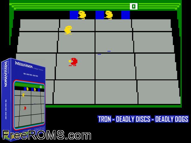 TRON - Deadly Discs - Deadly Dogs (1987)(Intv Corp) Intellivision game showing 3D box cover and gameplay screenshot