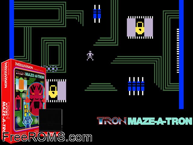 TRON - Maze-A-Tron (1981)(Mattel) Intellivision game showing 3D box cover and gameplay screenshot