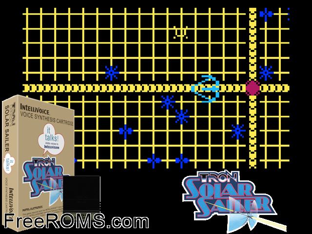 TRON - Solar Sailer (1982)(Mattel) Intellivision game showing 3D box cover and gameplay screenshot