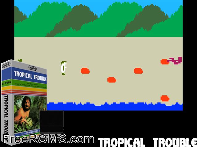 Tropical Trouble (1982)(Imagic) Intellivision game showing 3D box cover and gameplay screenshot