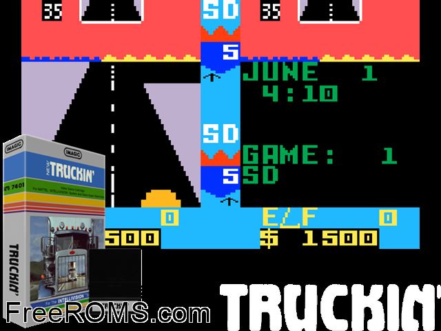 Truckin (1983)(Imagic) Intellivision game showing 3D box cover and gameplay screenshot