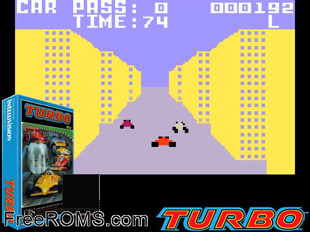 Turbo (1983)(Coleco) Intellivision game showing 3D box cover and gameplay screenshot