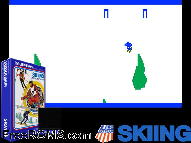 U.S. Ski Team Skiing (1980)(Mattel) Intellivision game showing 3D box cover and gameplay screenshot