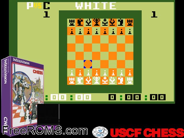 USCF Chess (1981)(Mattel) Intellivision game showing 3D box cover and gameplay screenshot