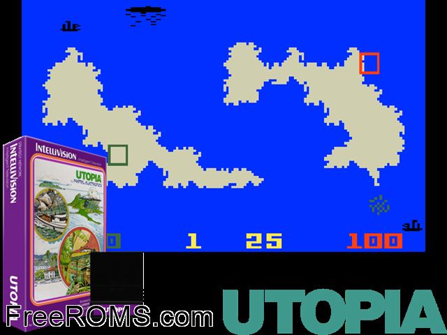 Utopia (1981)(Mattel) Intellivision game showing 3D box cover and gameplay screenshot