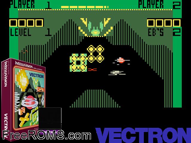 Vectron (1982)(Mattel) Intellivision game showing 3D box cover and gameplay screenshot
