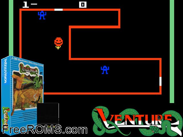 Venture (1982)(Coleco) Intellivision game showing 3D box cover and gameplay screenshot