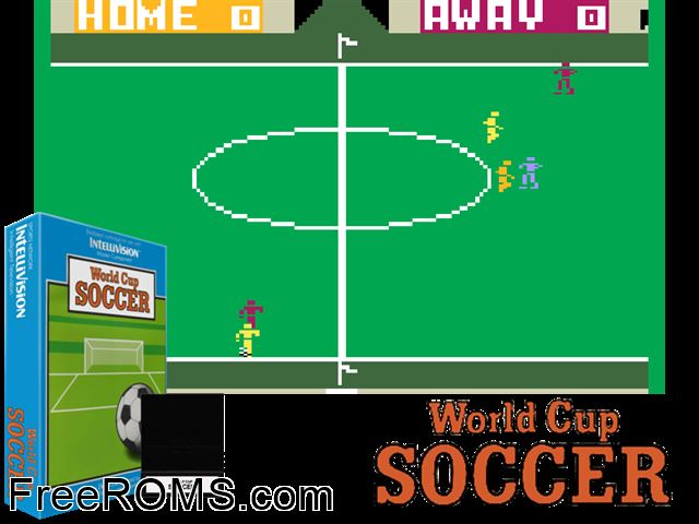 World Cup Football (1985)(Nice Ideas) Intellivision game showing 3D box cover and gameplay screenshot