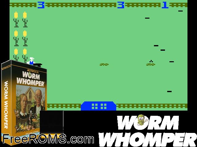 Worm Whomper (1983)(Activision) Intellivision game showing 3D box cover and gameplay screenshot