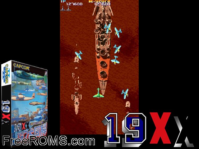 19XX: The War Against Destiny (Hispanic 951218) MAME game showing 3D box cover and gameplay screenshot