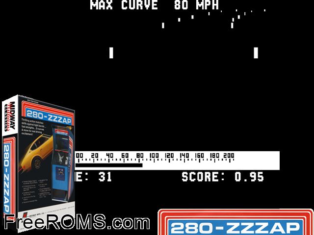 Datsun 280 Zzzap MAME game showing 3D box cover and gameplay screenshot