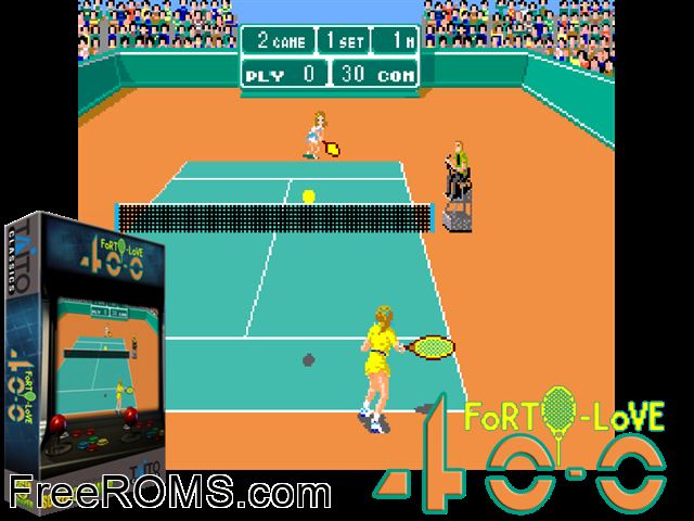 Forty-Love MAME game showing 3D box cover and gameplay screenshot