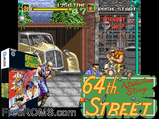 64th. Street - A Detective Story (World) MAME game showing 3D box cover and gameplay screenshot