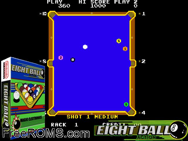 Eight Ball Action (DKJr conversion) MAME game showing 3D box cover and gameplay screenshot