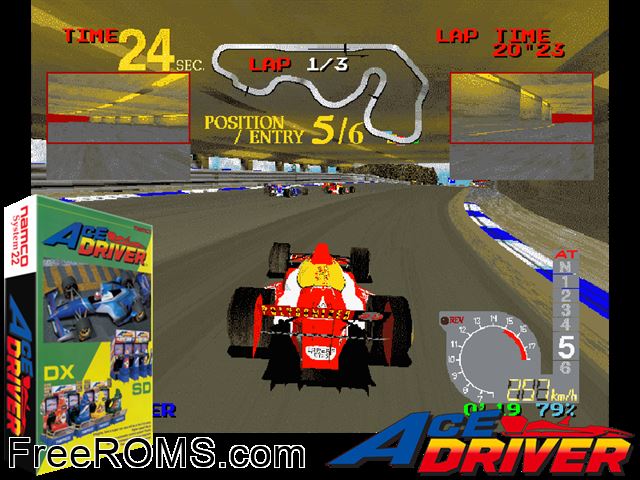 Ace Driver (Rev. AD2, World) MAME game showing 3D box cover and gameplay screenshot