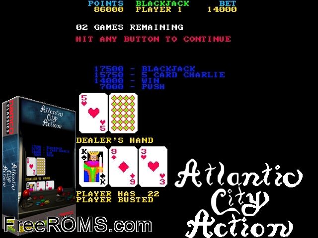 Atlantic City Action MAME game showing 3D box cover and gameplay screenshot