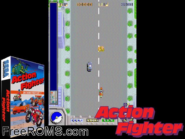 Action Fighter, FD1089A 317-0018 MAME game showing 3D box cover and gameplay screenshot