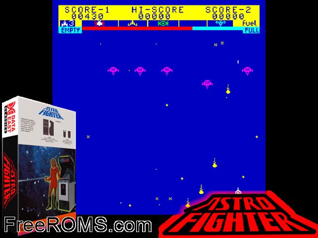 Astro Fire MAME game showing 3D box cover and gameplay screenshot