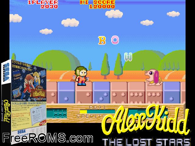Alex Kidd: The Lost Stars (set 2, unprotected) MAME game showing 3D box cover and gameplay screenshot