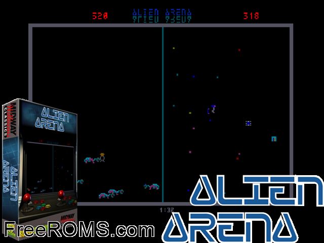 Alien Arena (Stargate Upgrade) MAME game showing 3D box cover and gameplay screenshot