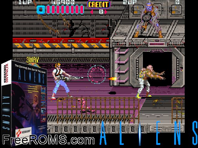 Aliens (World set 1) MAME game showing 3D box cover and gameplay screenshot