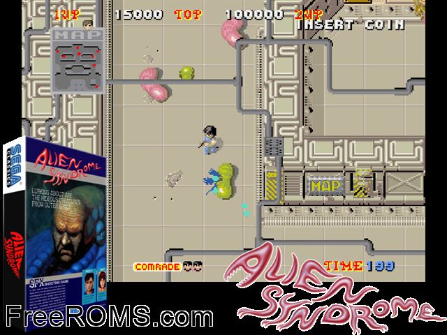 Alien Syndrome (set 2, System 16A, FD1089A 317-0033) MAME game showing 3D box cover and gameplay screenshot