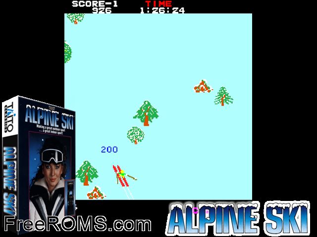 Alpine Ski (set 1) MAME game showing 3D box cover and gameplay screenshot