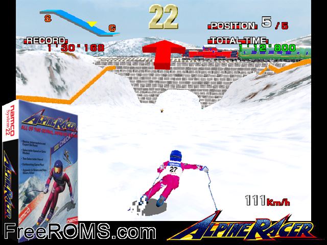 Alpine Racer (Rev. AR2 Ver.D) MAME game showing 3D box cover and gameplay screenshot