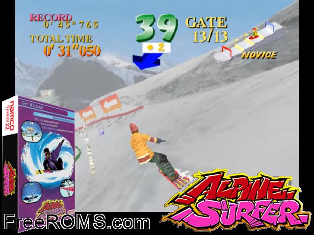 Alpine Surfer (Rev. AF2 Ver.A) MAME game showing 3D box cover and gameplay screenshot