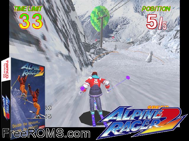 Alpine Racer 2 (Rev. ARS2 Ver.B) MAME game showing 3D box cover and gameplay screenshot